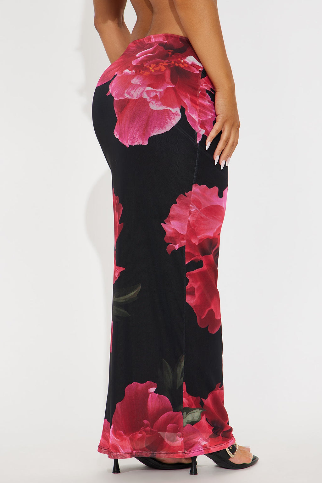 Dark Romance Floral Mesh Maxi Skirt - Black/Pink