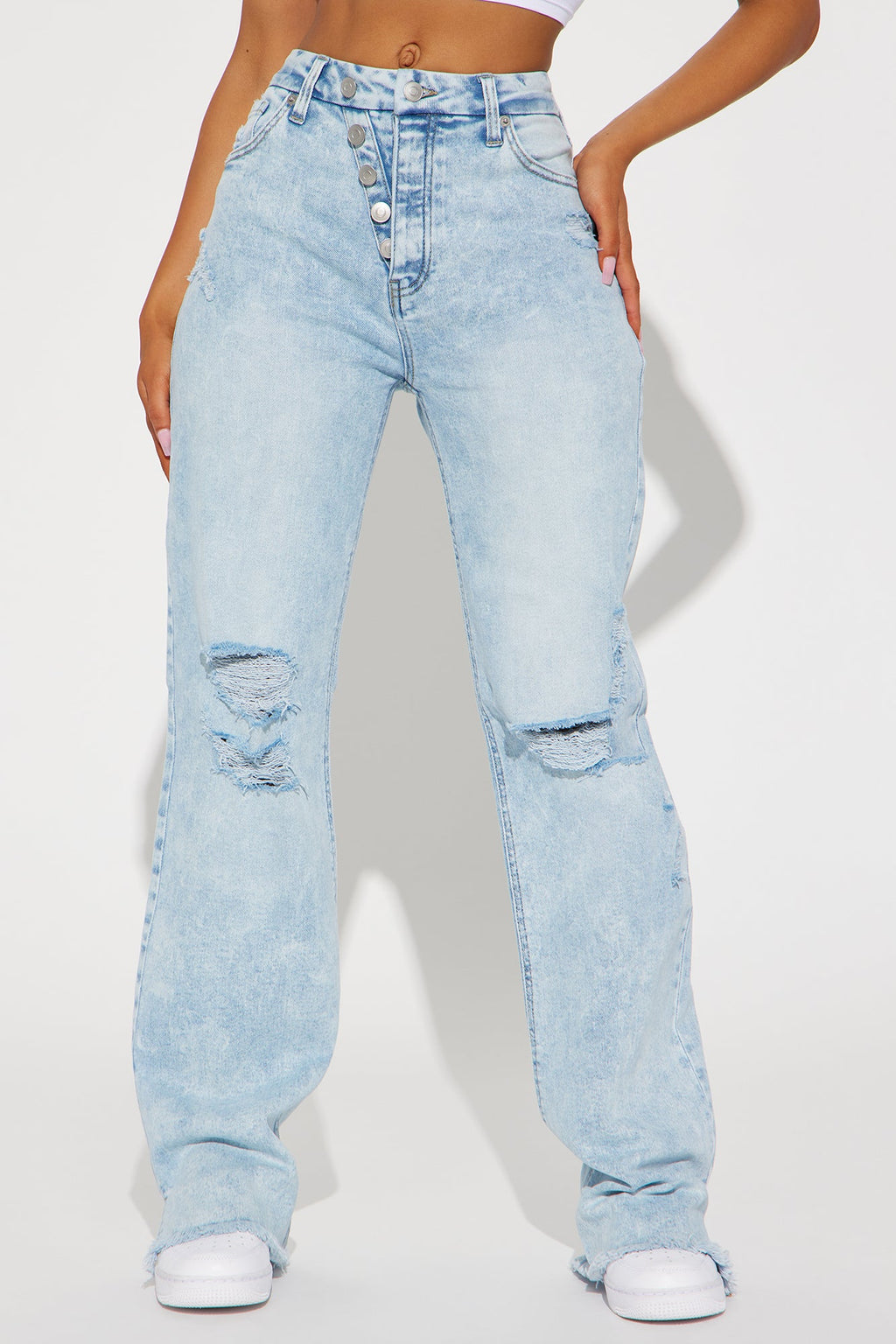 Venecia Two Way Closure Straight Leg Jeans - Light Wash
