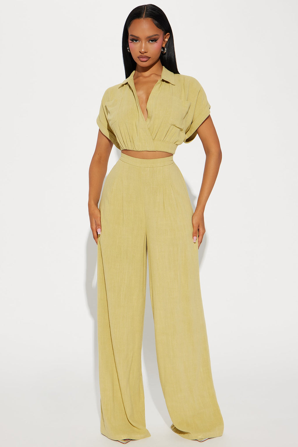 Andrea Linen Pant Set - Chartreuse
