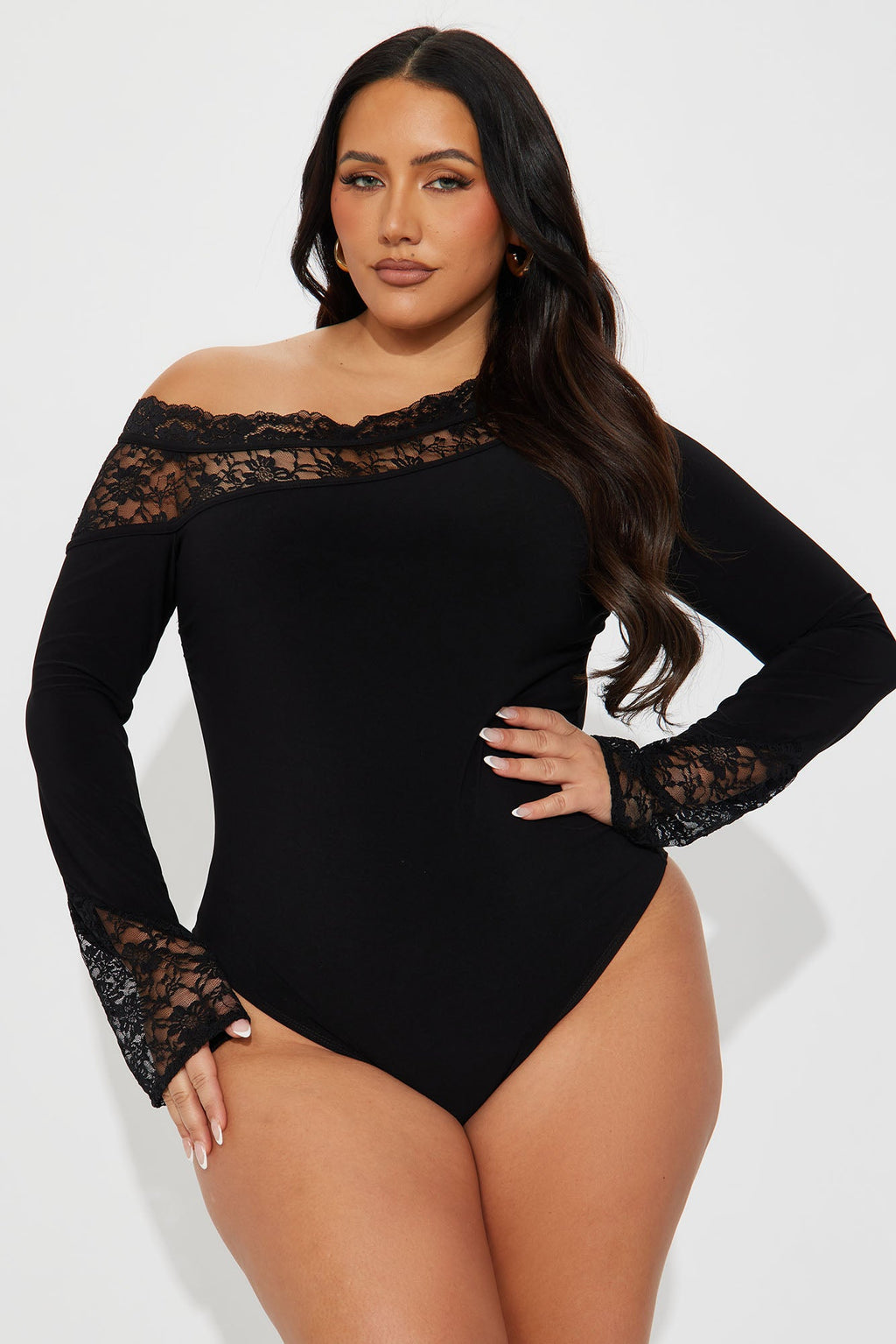 Tatiana Off Shoulder Lace Trim Bodysuit - Black