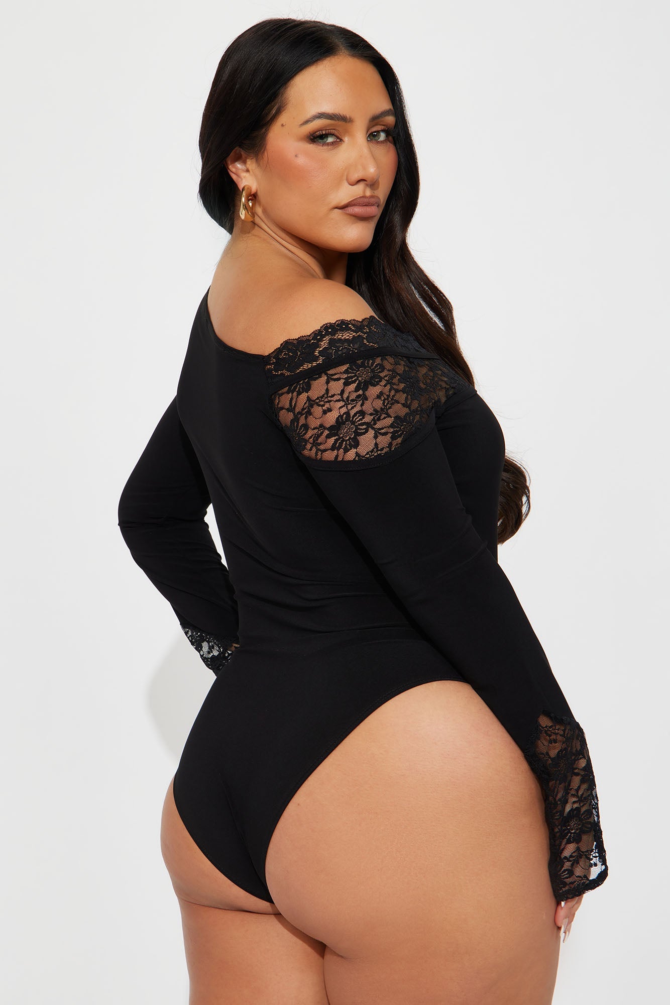 Tatiana Off Shoulder Lace Trim Bodysuit - Black