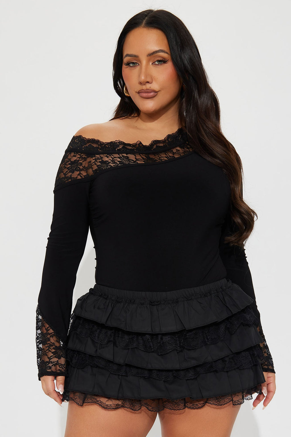 Tatiana Off Shoulder Lace Trim Bodysuit - Black