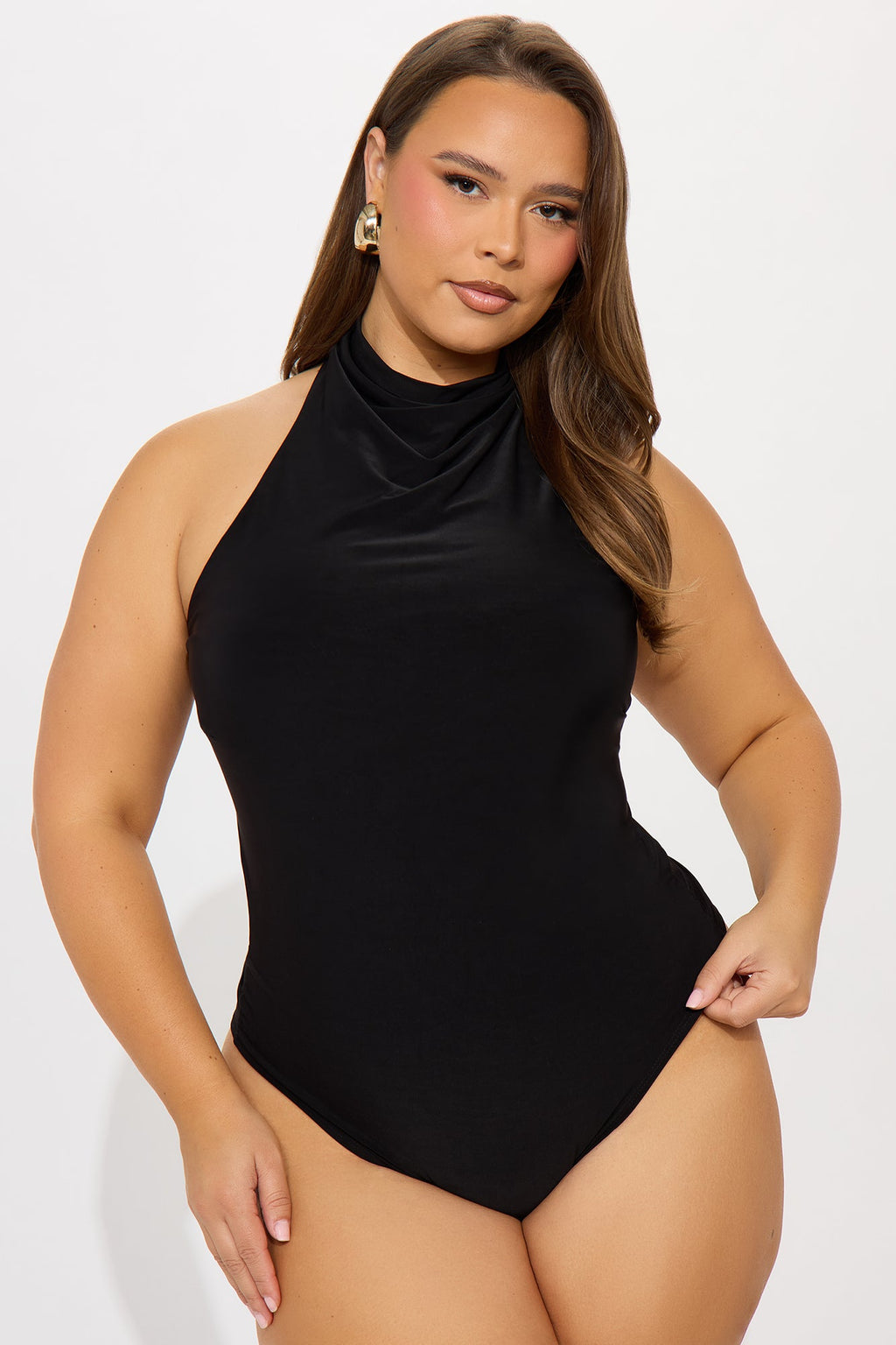 Trista Mock Neck Halter Bodysuit - Black