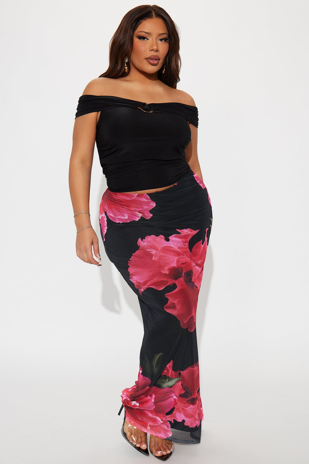 Dark Romance Floral Mesh Maxi Skirt - Black/Pink