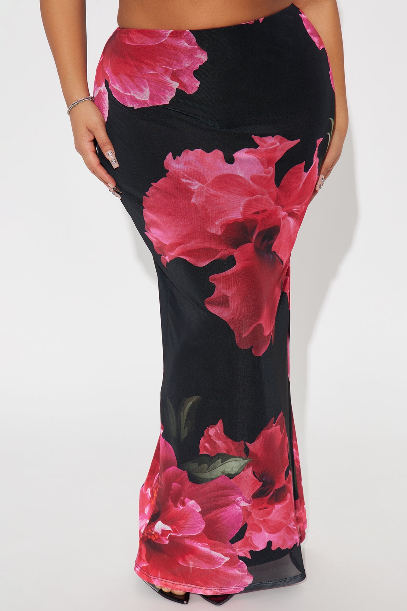 Dark Romance Floral Mesh Maxi Skirt - Black/Pink