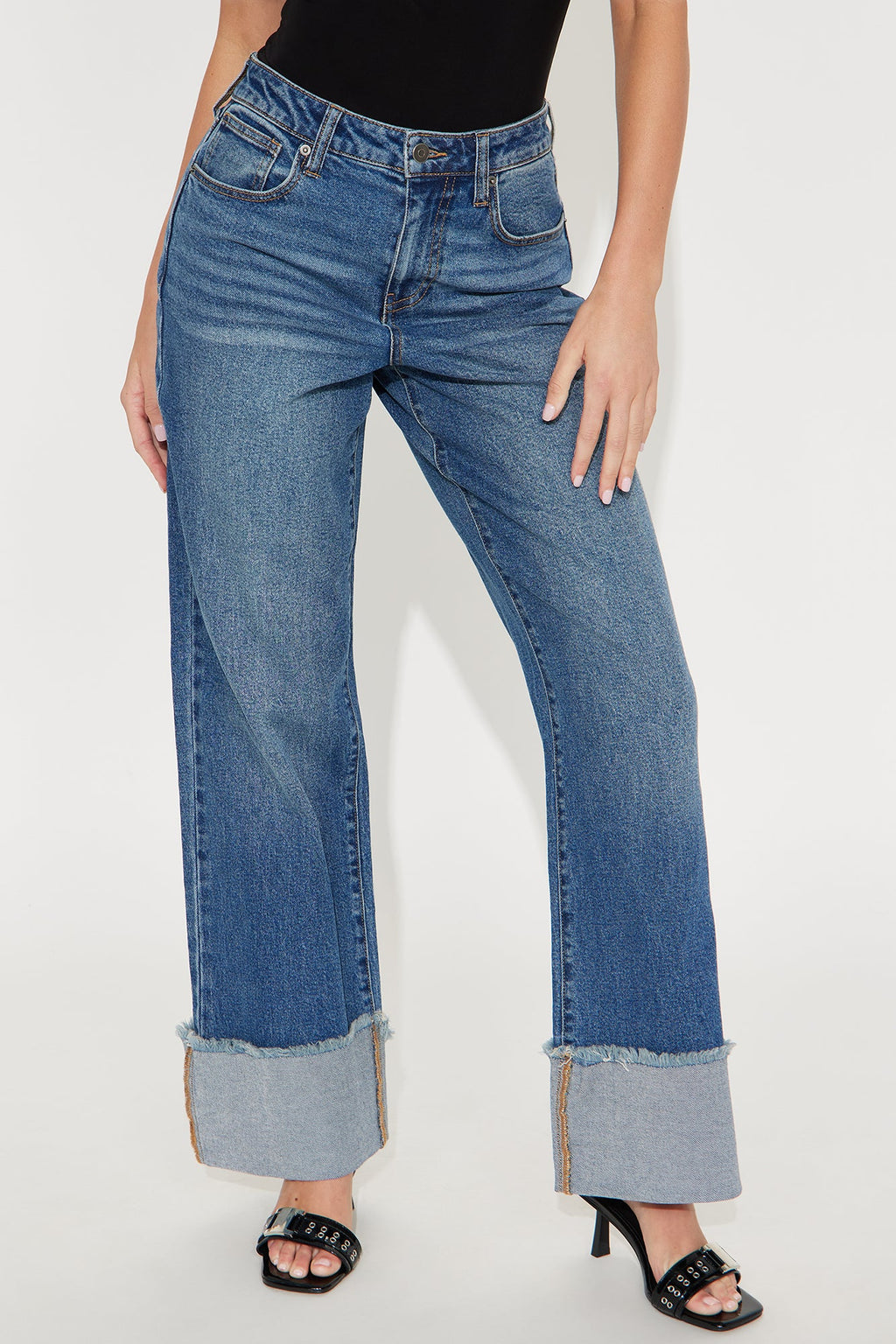 All The While Cuffed Wide Leg Jeans - Medium Wash