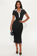 Alba Collared Bandage Midi Dress - Black