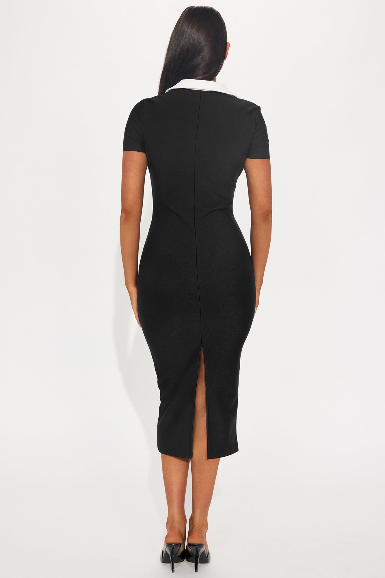 Alba Collared Bandage Midi Dress - Black