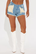 Taesha Non Stretch Destructed Denim Shorts - Medium Wash