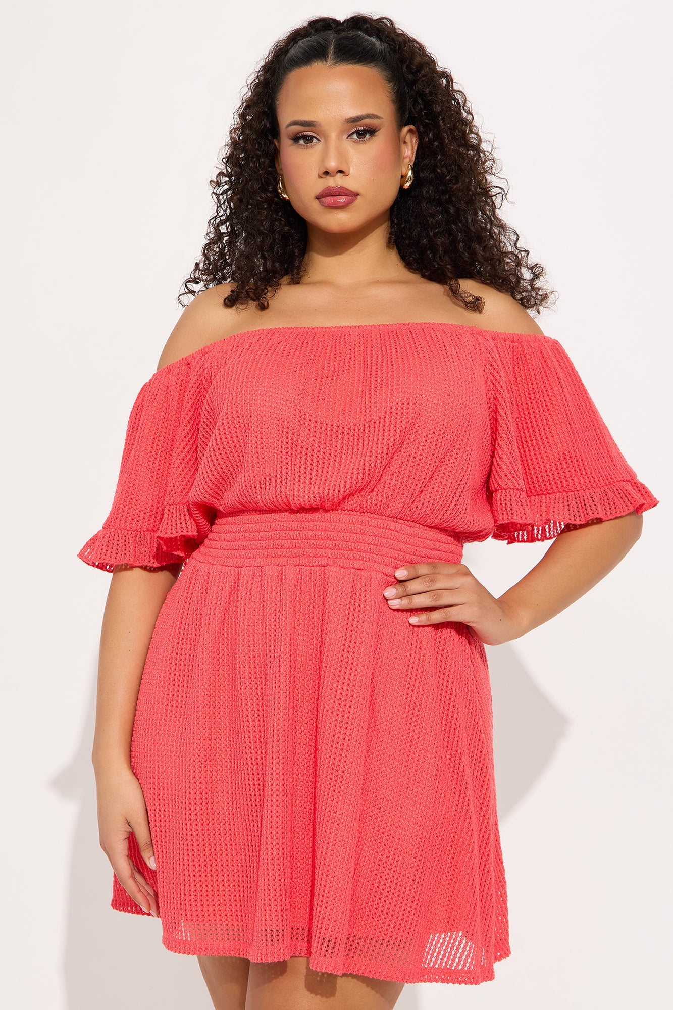 Brenda Off Shoulder Mini Dress - Coral