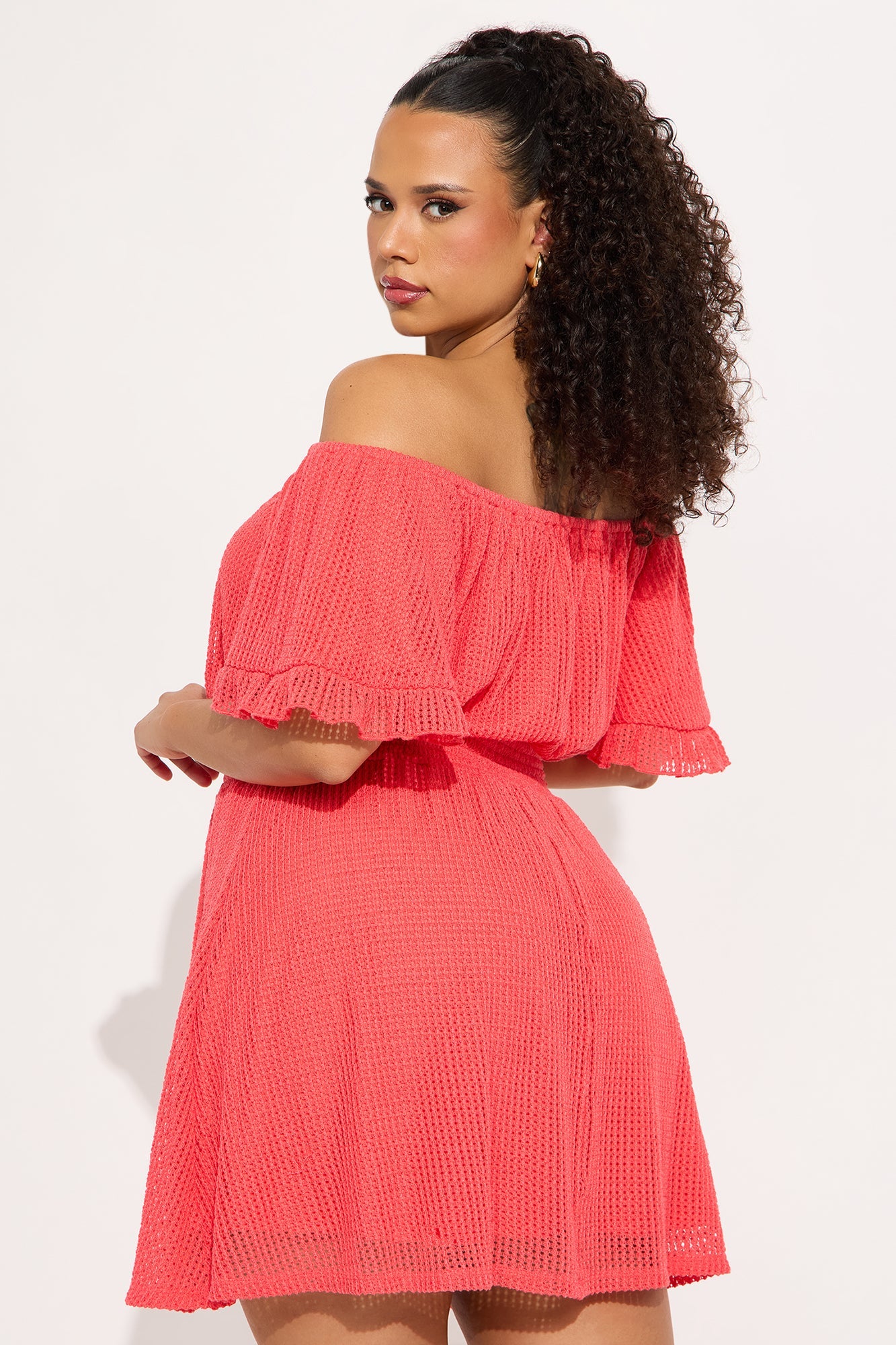 Brenda Off Shoulder Mini Dress - Coral