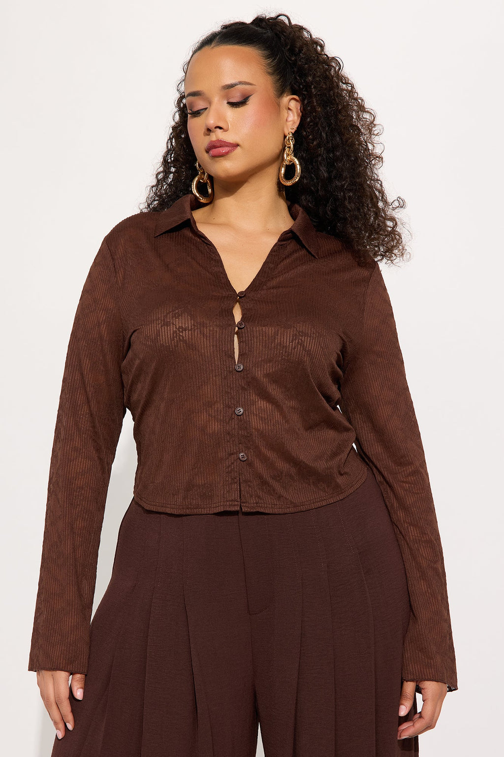 Kassidy Button Up Sheer Top - Chocolate