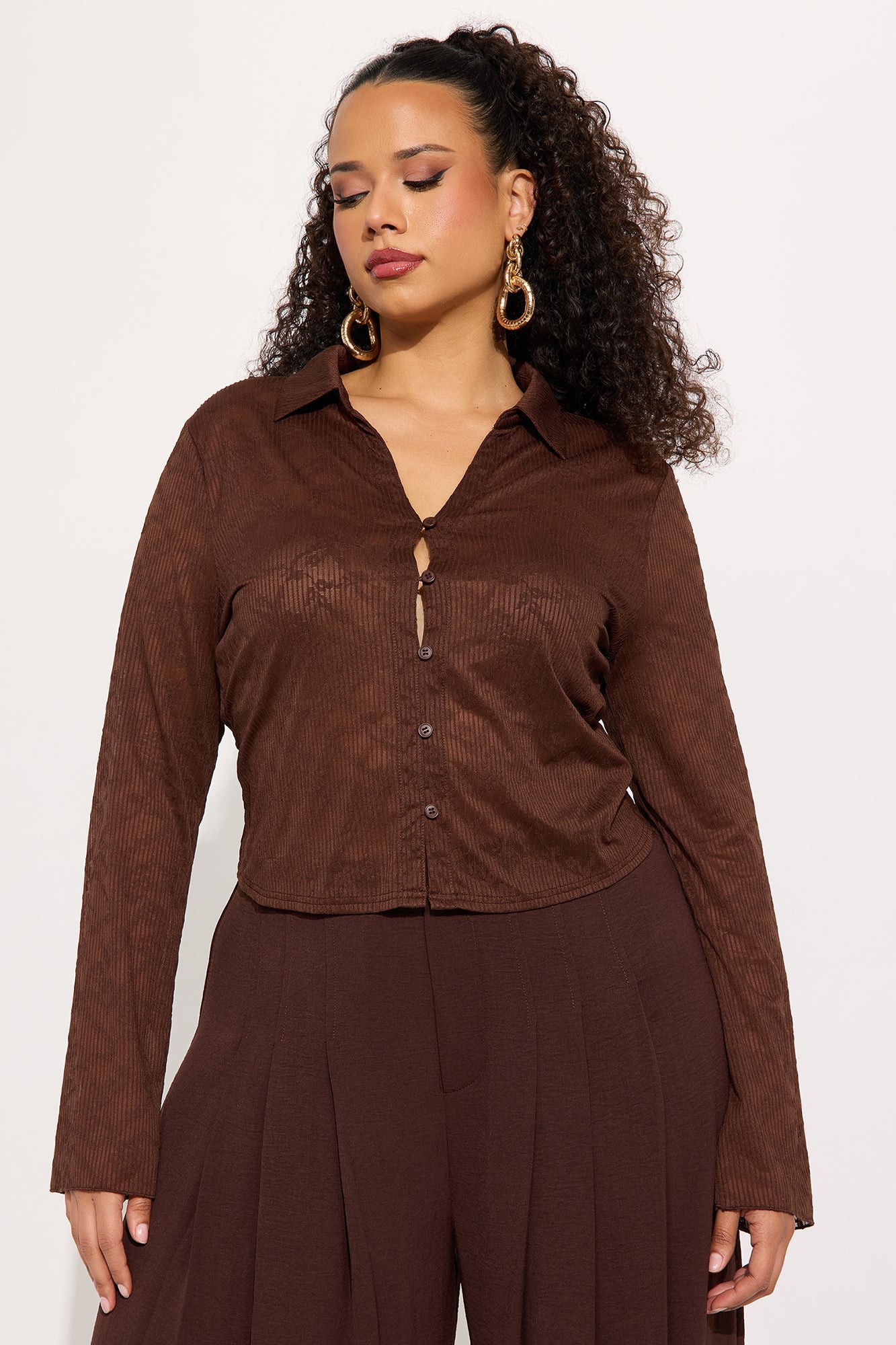 Kassidy Button Up Sheer Top - Chocolate