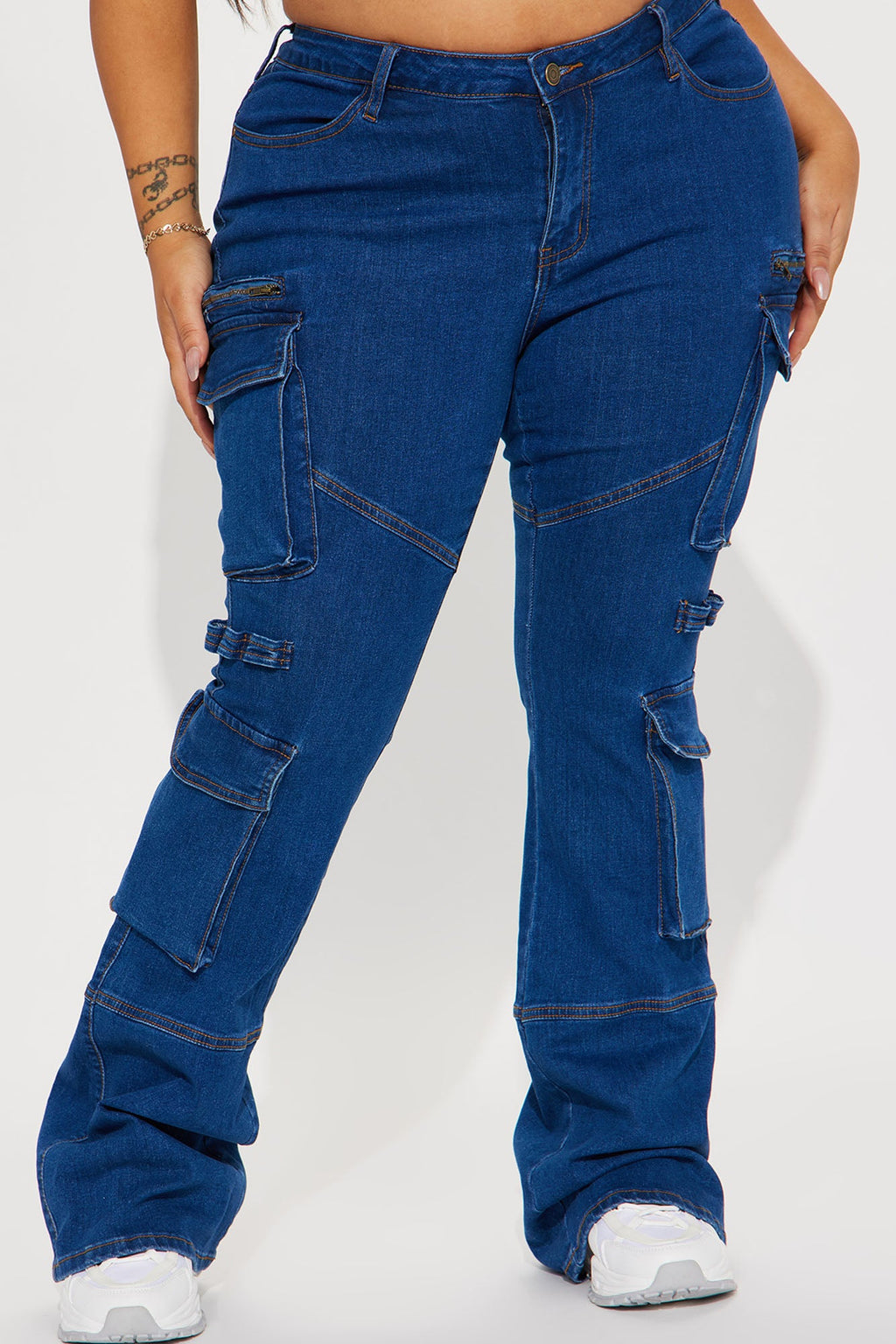 Warning You Mid Rise Stretch Flare Cargo Jean - Dark Wash