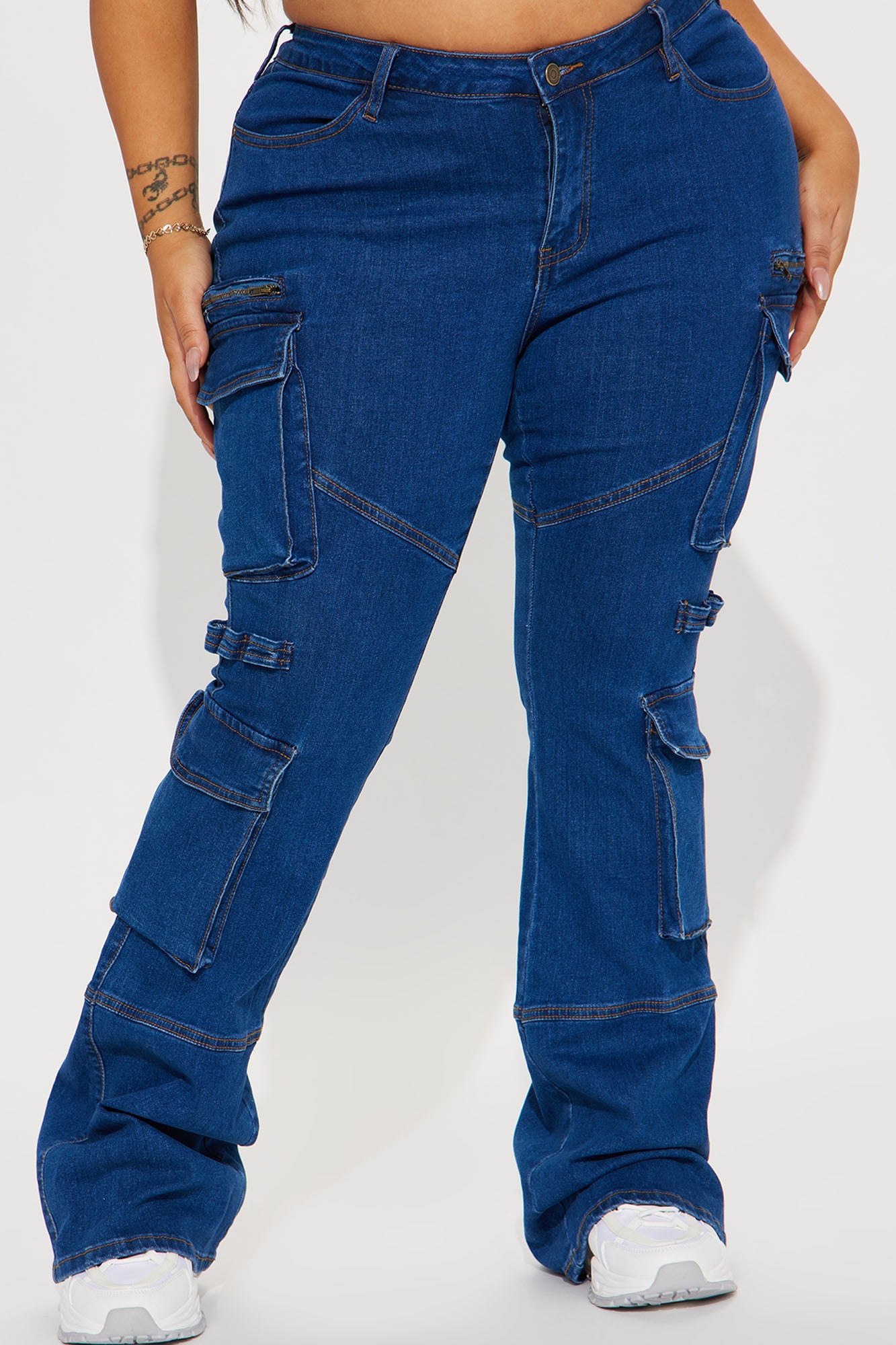 Warning You Mid Rise Stretch Flare Cargo Jean - Dark Wash