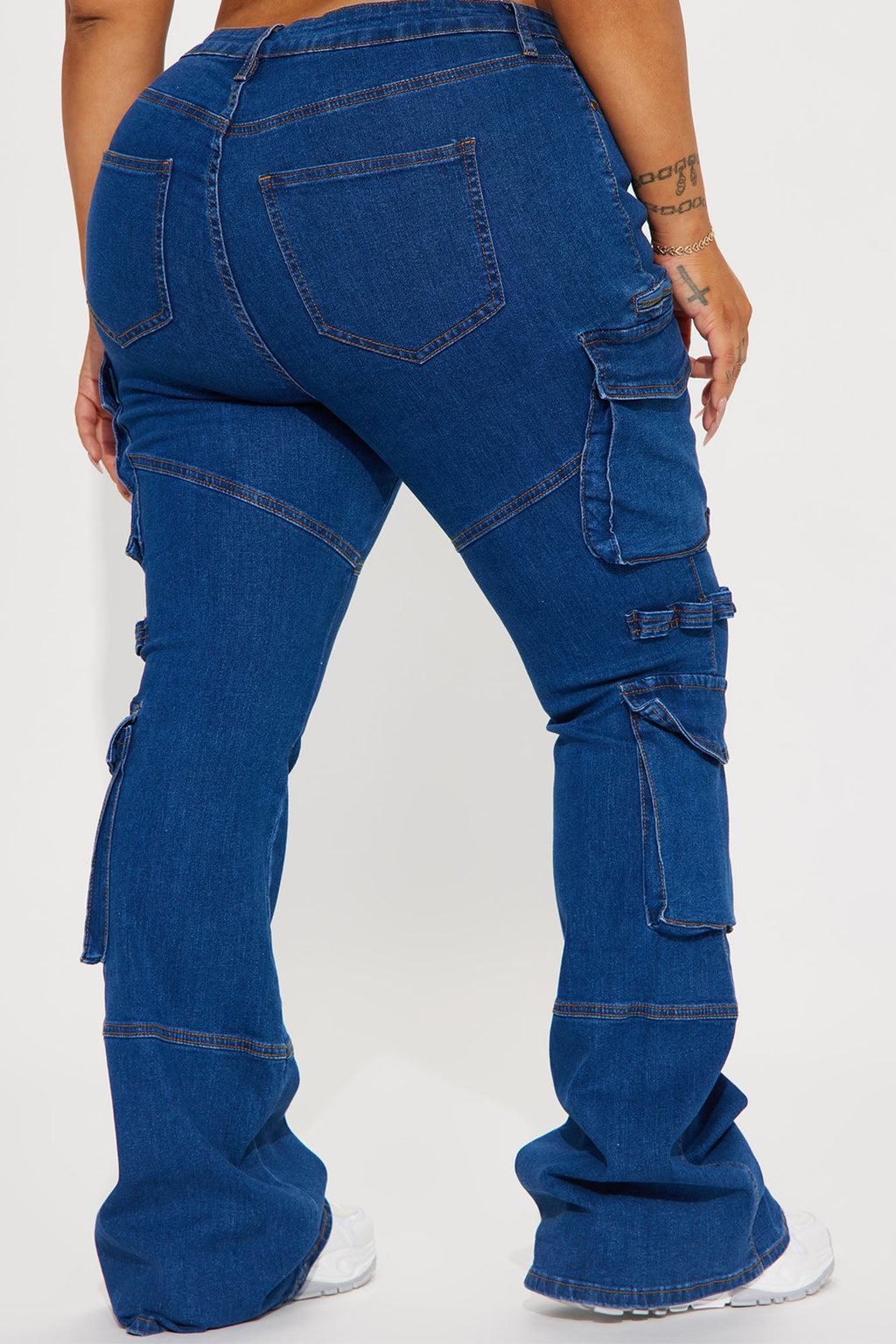 Warning You Mid Rise Stretch Flare Cargo Jean - Dark Wash