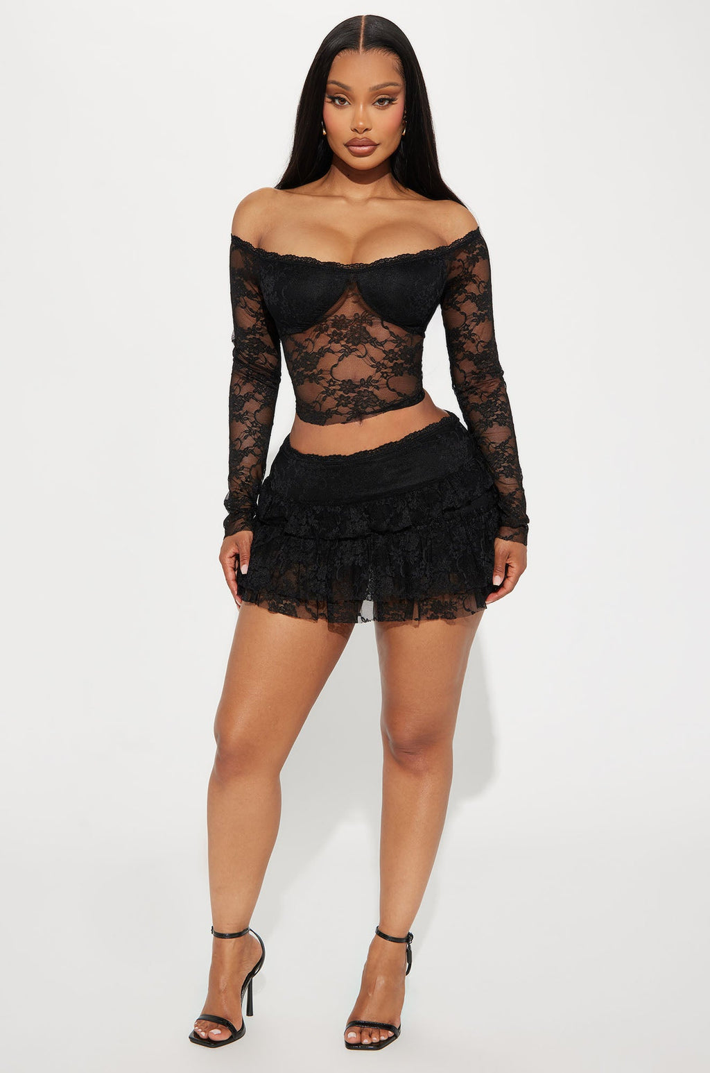 Adryana Ruffled Lace Skirt Set - Black