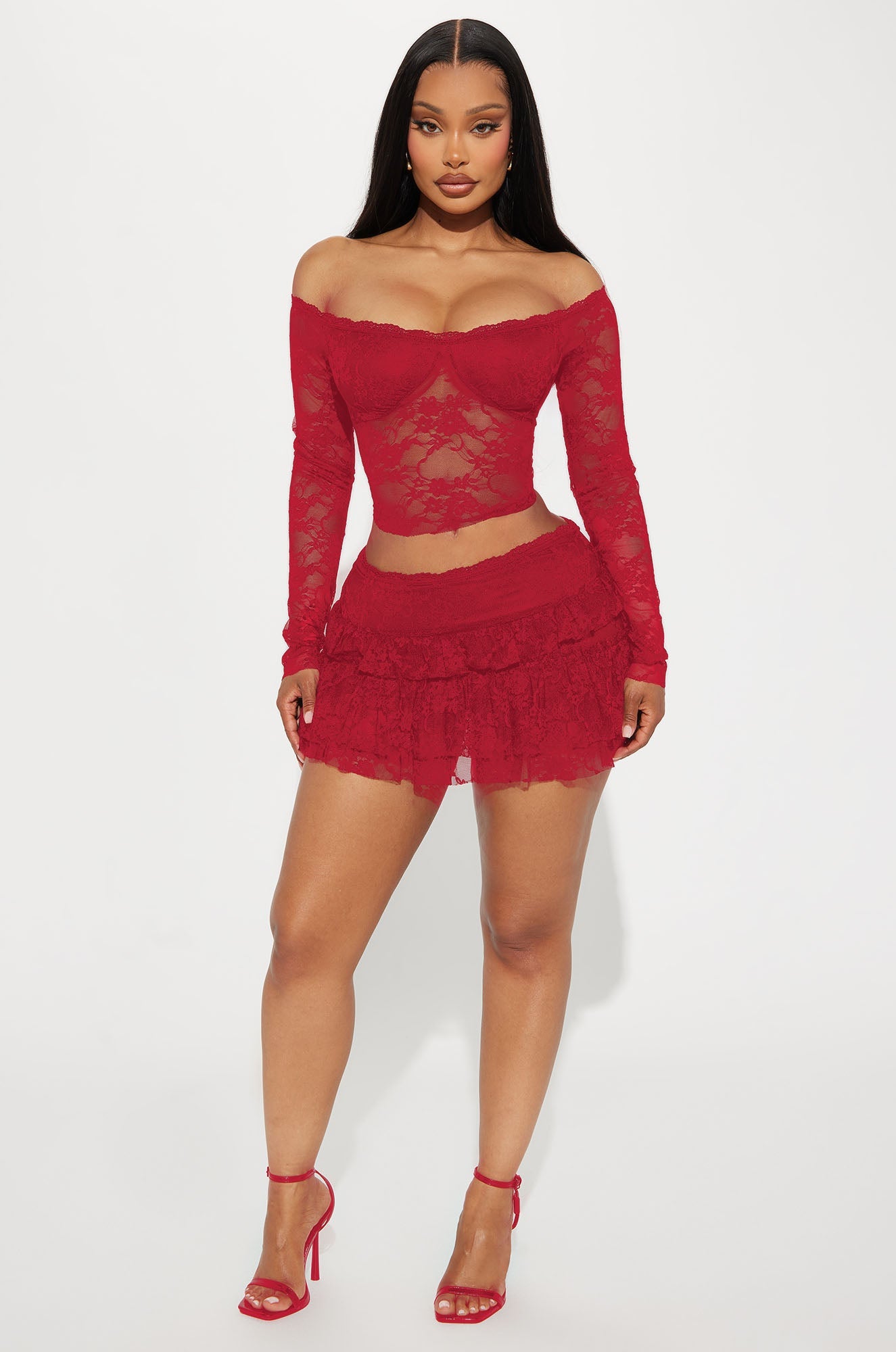 Adryana Ruffled Lace Skirt Set - Red