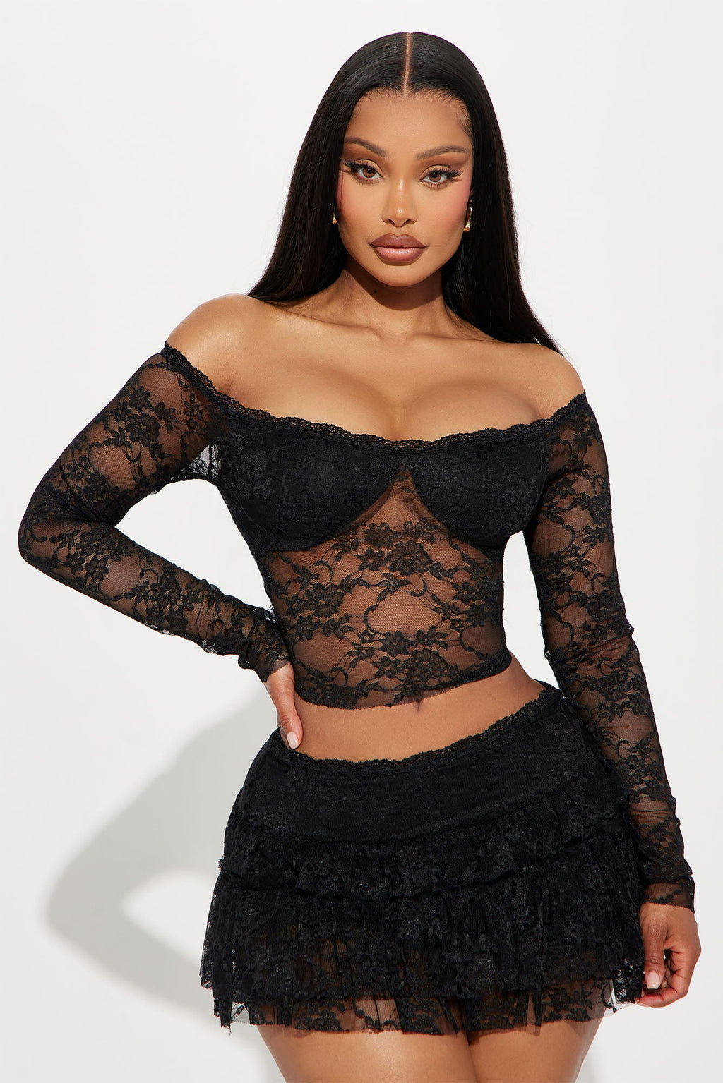 Adryana Ruffled Lace Skirt Set - Black