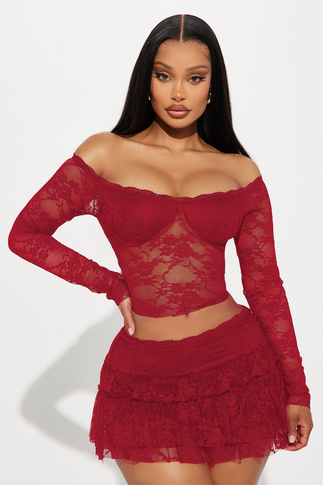 Adryana Ruffled Lace Skirt Set - Red