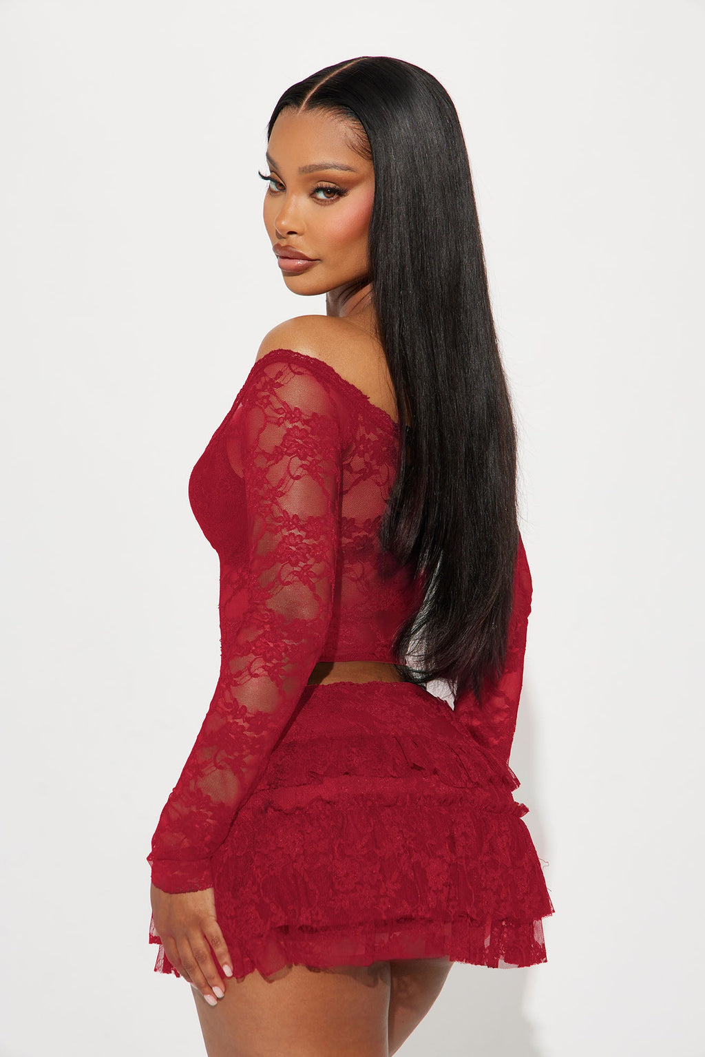 Adryana Ruffled Lace Skirt Set - Red
