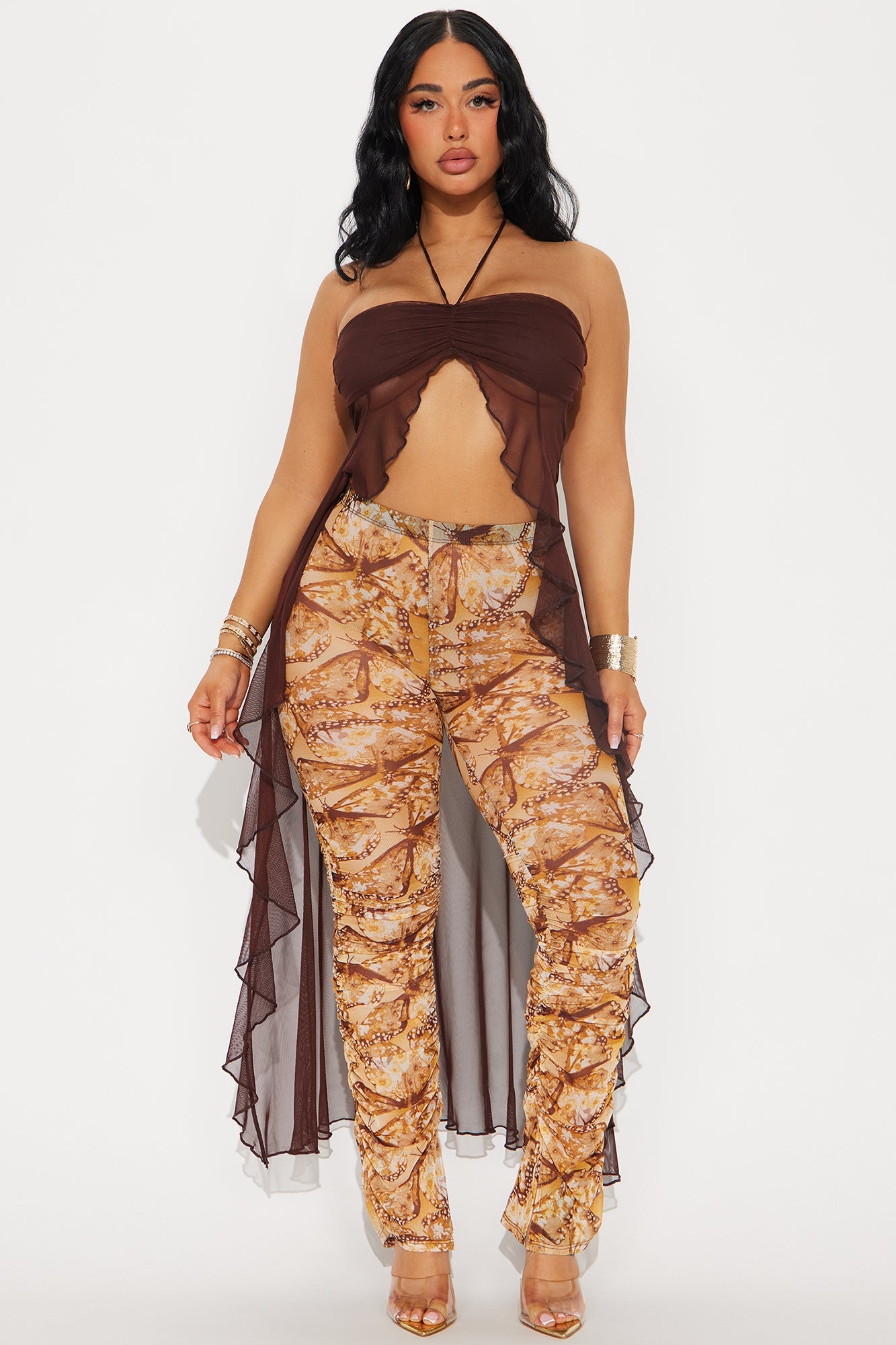 Stella Butterfly Mesh Stacked Legging - Brown/combo