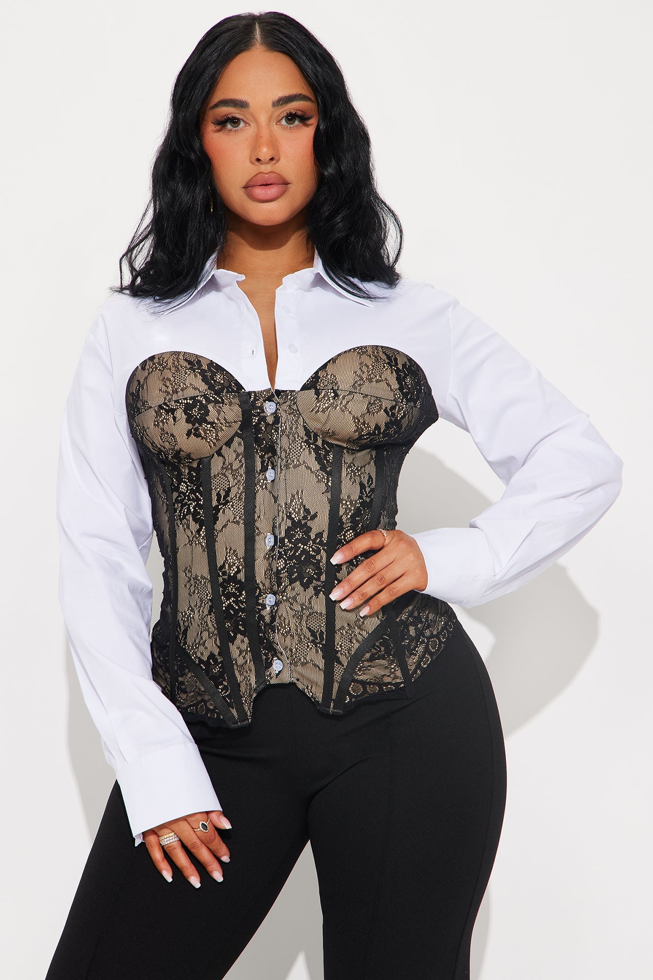 Officially Off The Clock Poplin Corset Shirt - Black/White