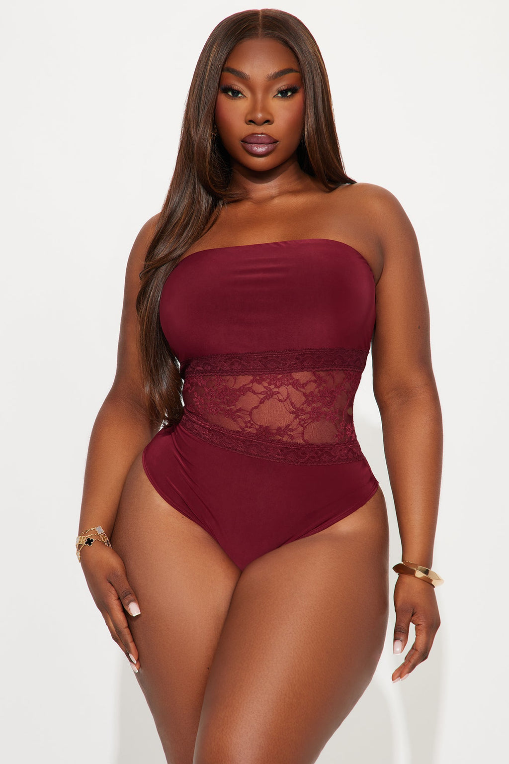 My Passion Strapless Lace Cut Out Bodysuit - Burgundy