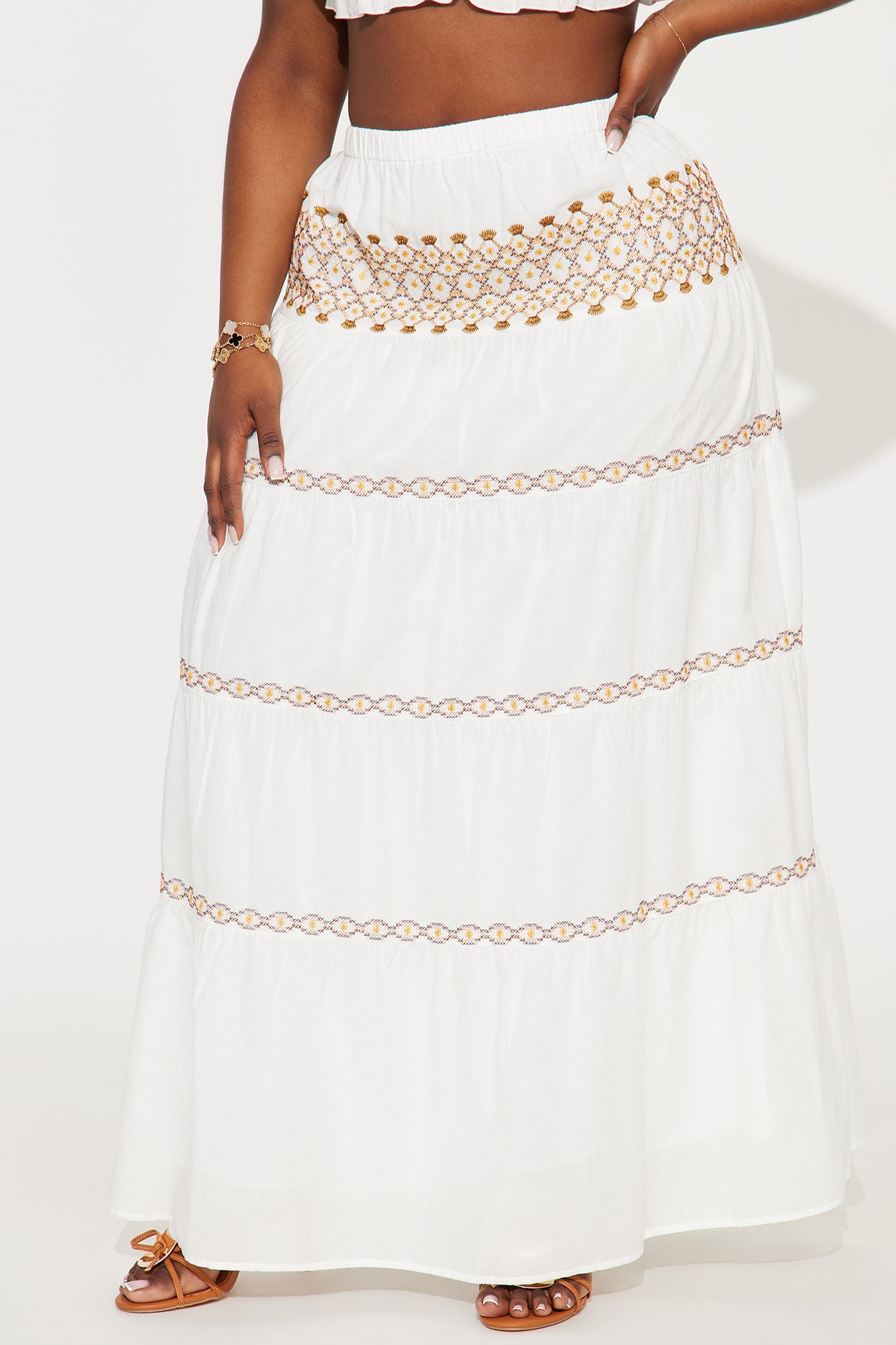 Sabrina Embroidered Tiered Maxi Skirt - White/combo
