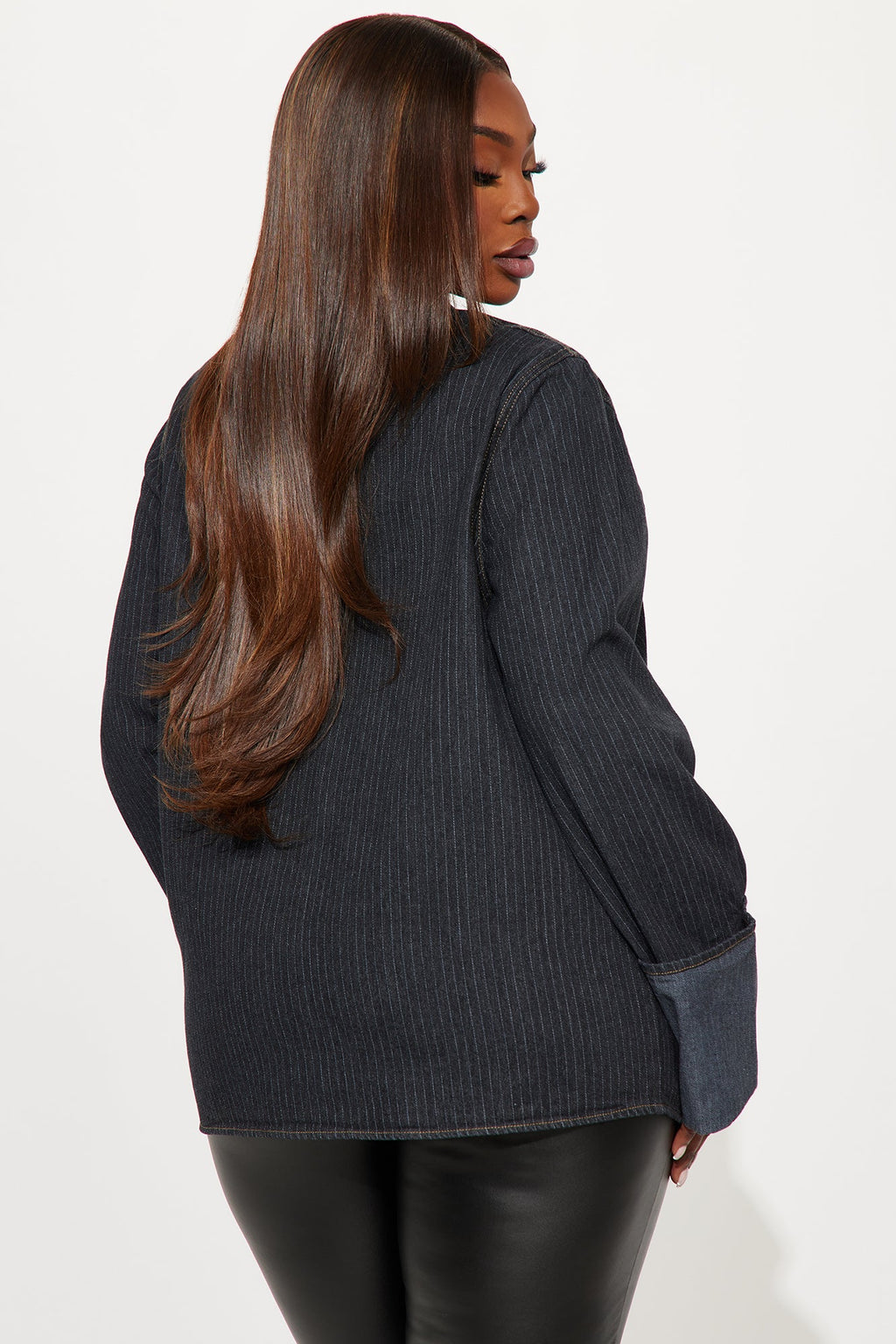 Nour Pinstripe Cuffed Oversized Denim Blazer - Dark Wash