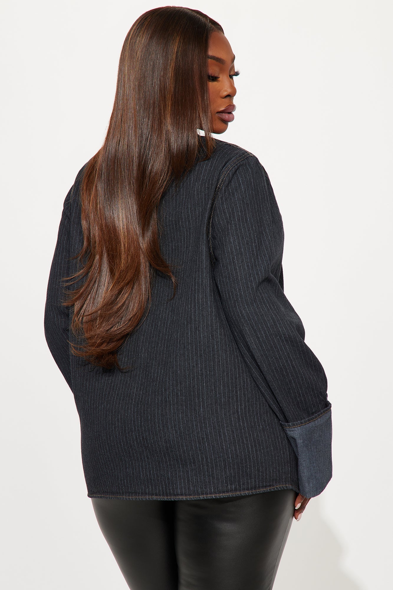 Nour Pinstripe Cuffed Oversized Denim Blazer - Dark Wash