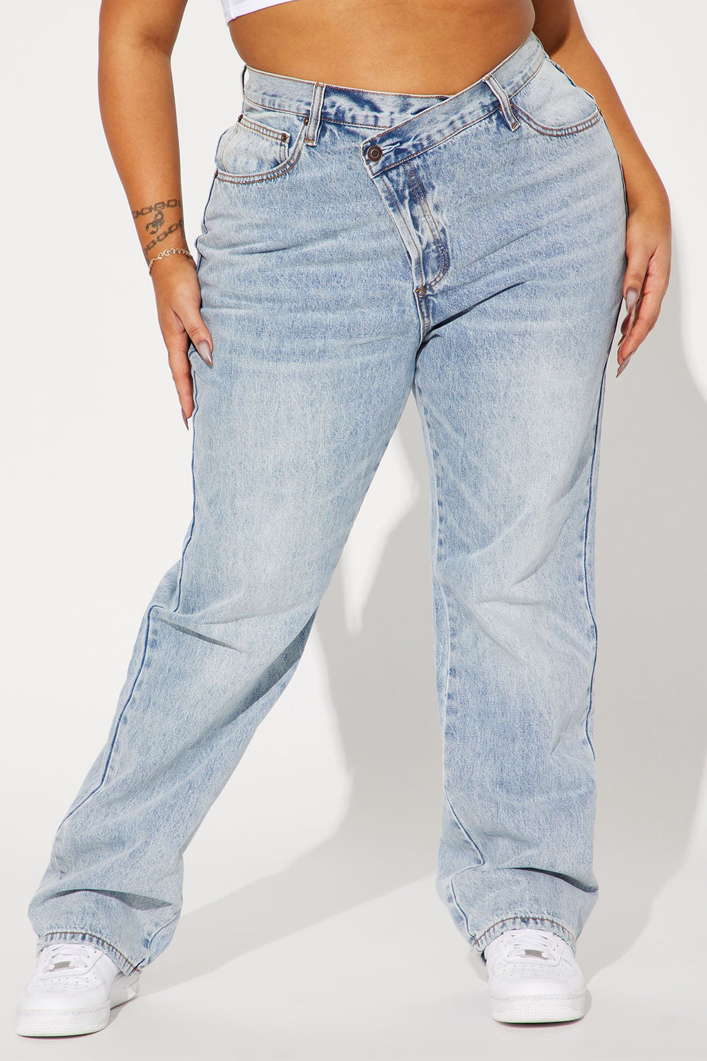 Step Waistband Crossover Jeans - Light Blue Wash