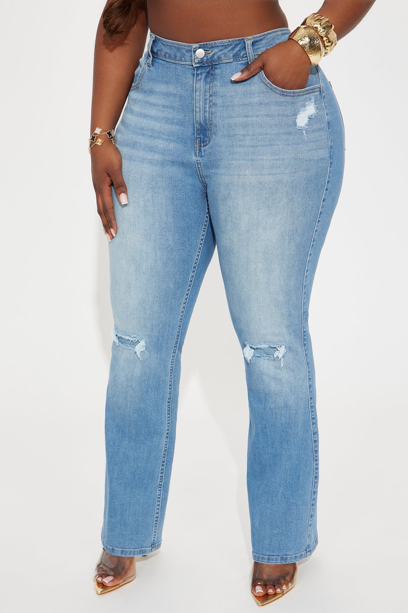 Nadiya Stretch Ripped Flare Jeans - Medium Wash