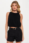 Breanna Linen Bubble Top - Black