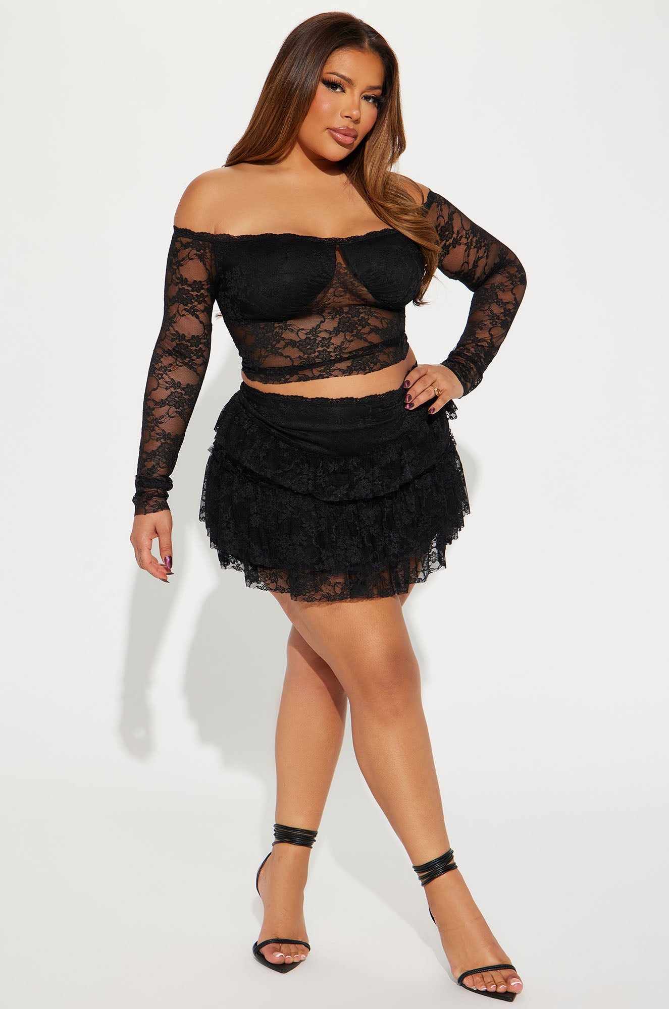 Adryana Ruffled Lace Skirt Set - Black
