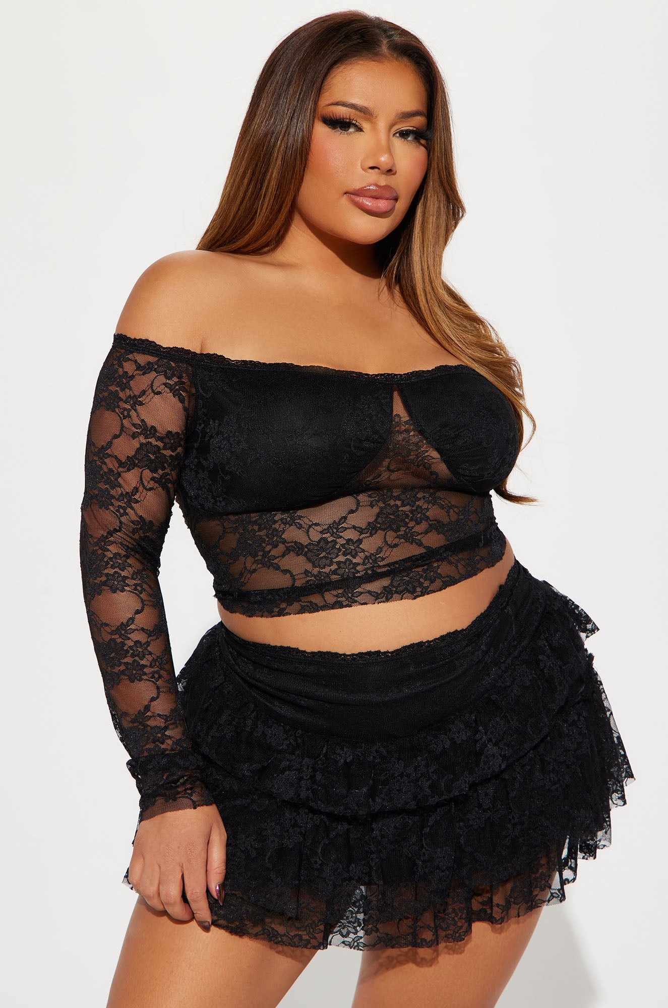 Adryana Ruffled Lace Skirt Set - Black