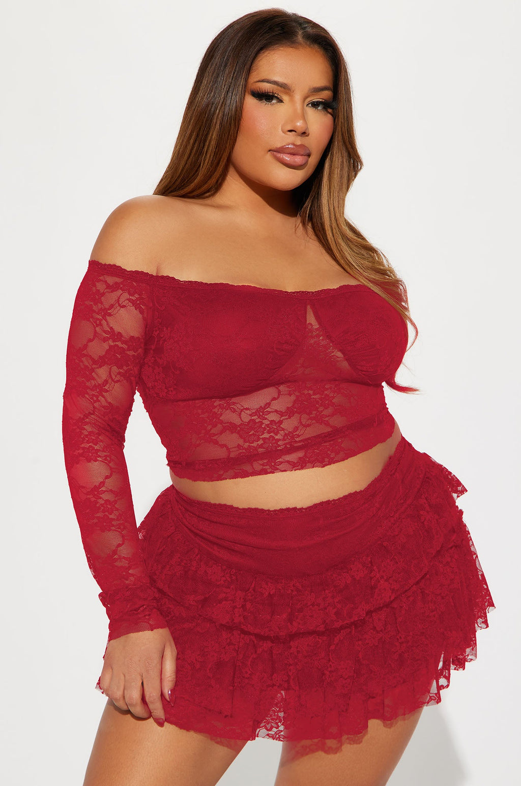 Adryana Ruffled Lace Skirt Set - Red