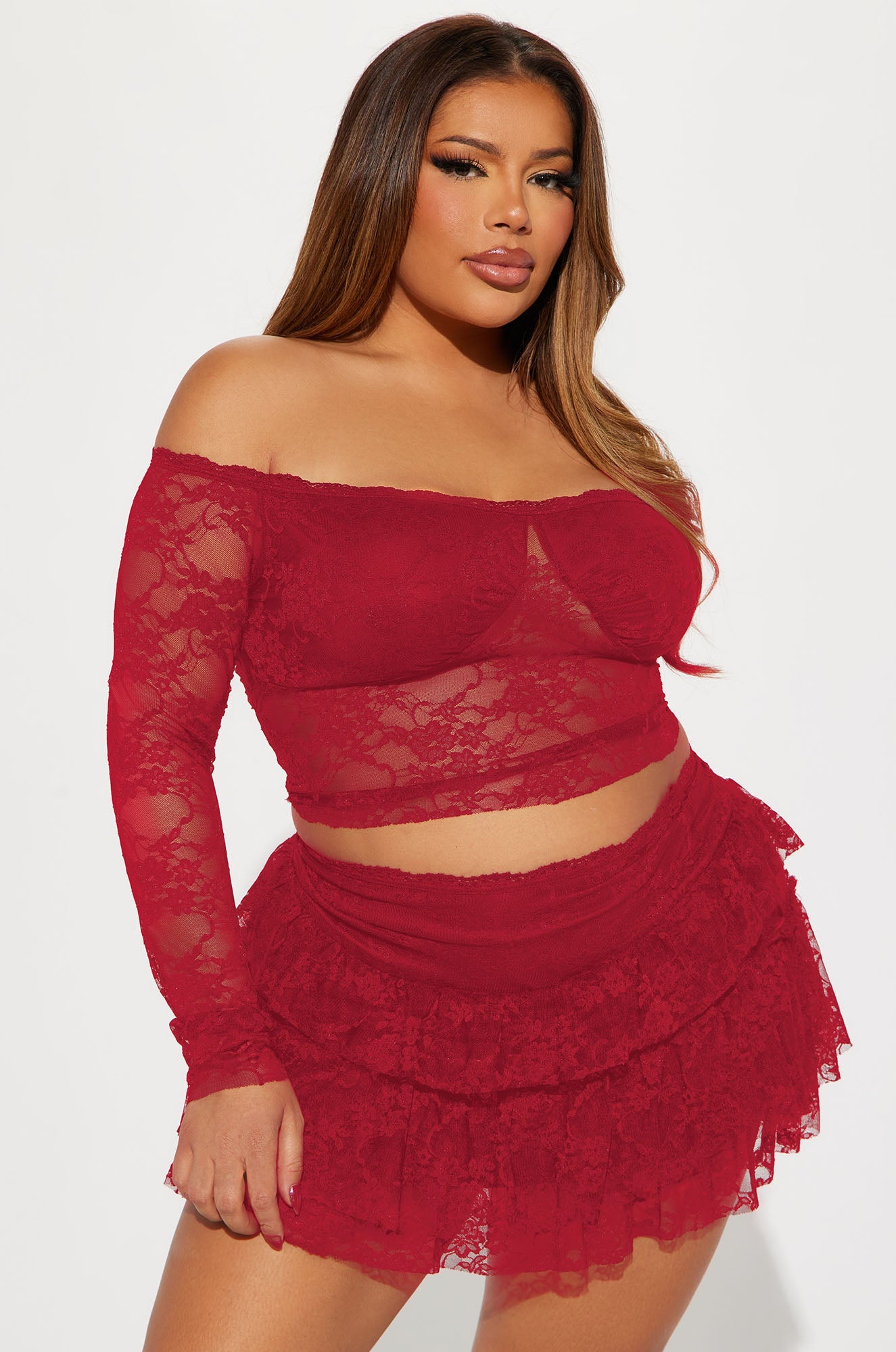 Adryana Ruffled Lace Skirt Set - Red