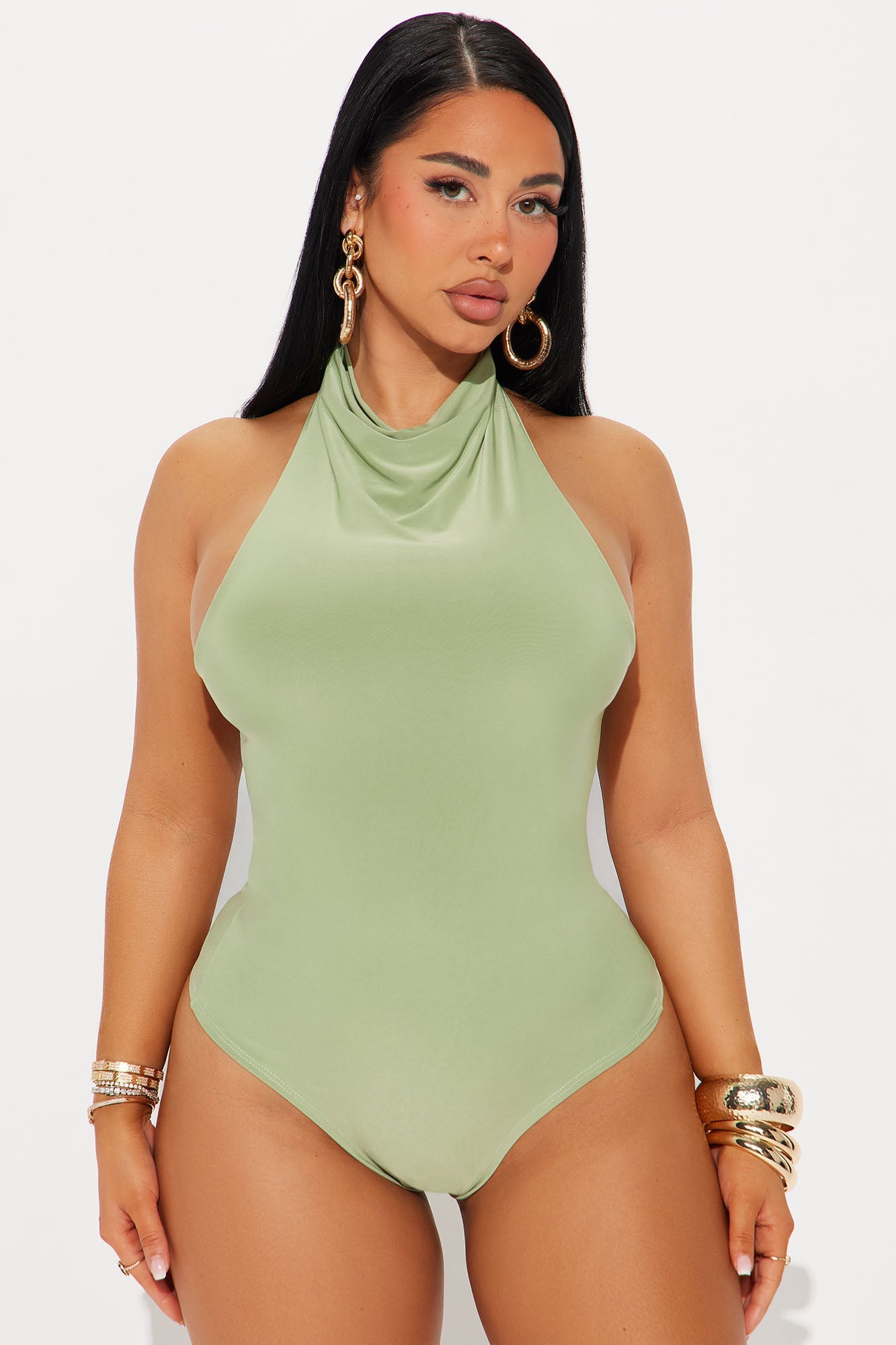 Trista Mock Neck Halter Bodysuit - Sage
