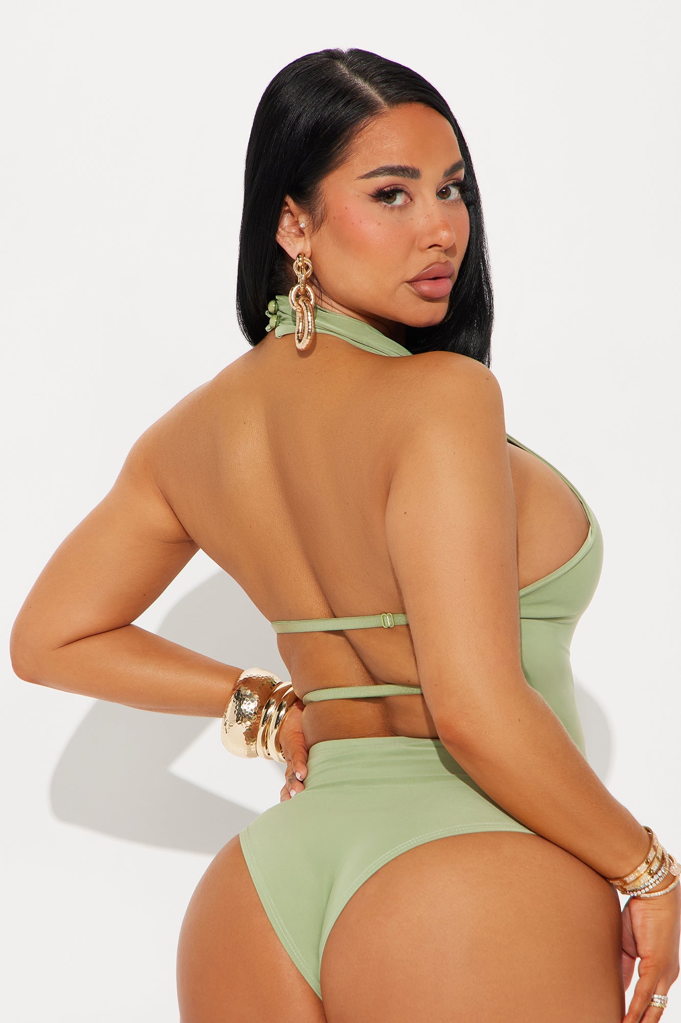 Trista Mock Neck Halter Bodysuit - Sage