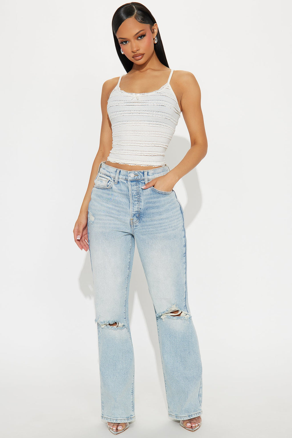 First Love Ripped Straight Leg Jeans - Light Wash