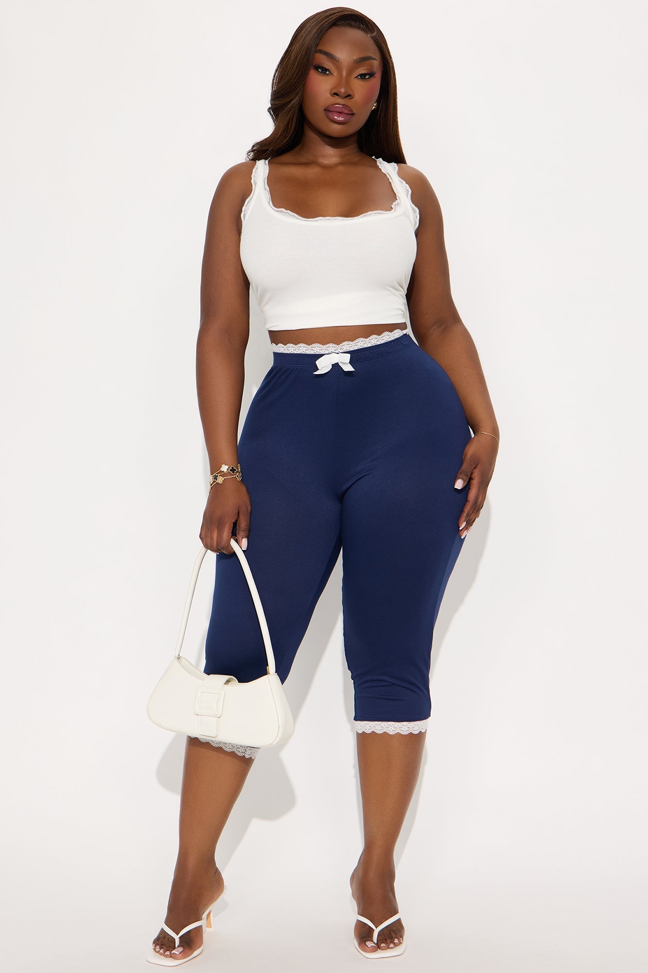 Valentina Solid Lace Trim Capri Legging - Navy