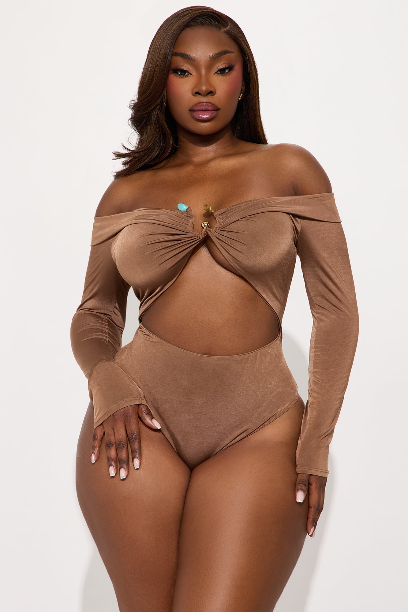 Heidi Off Shoulder Long Sleeve Cut Out Bodysuit - Chocolate