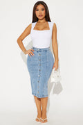 Right On The Line Denim Midi Skirt - Light Wash