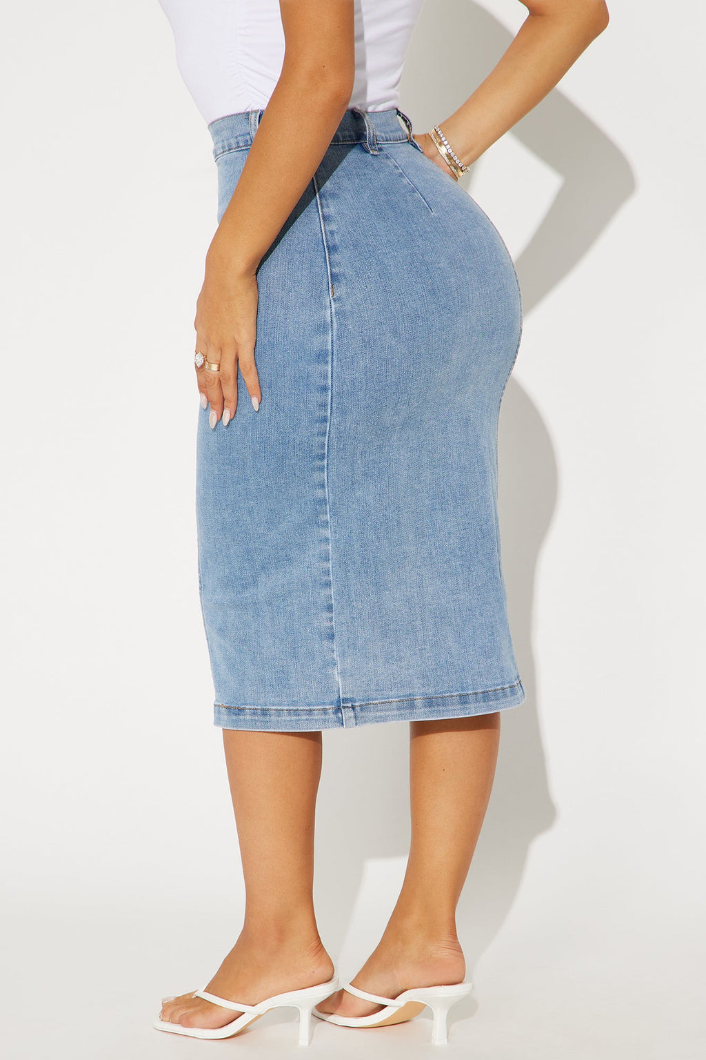 Right On The Line Denim Midi Skirt - Light Wash
