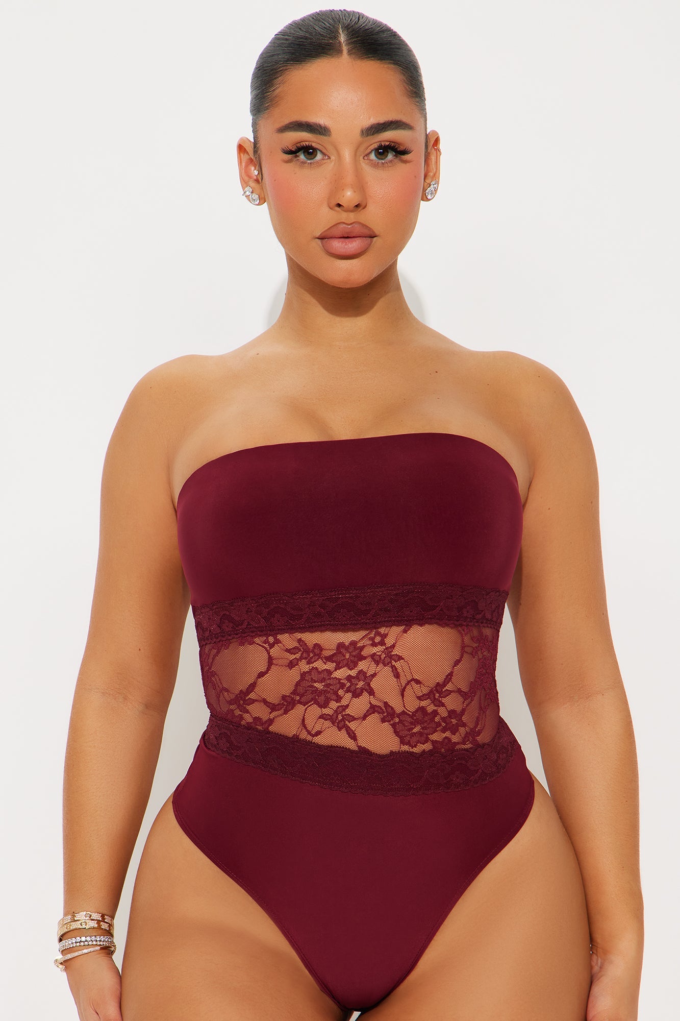 My Passion Strapless Lace Cut Out Bodysuit - Burgundy