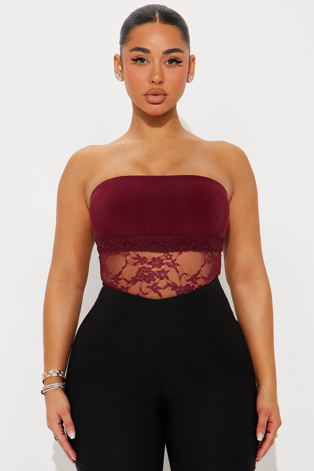 My Passion Strapless Lace Cut Out Bodysuit - Burgundy
