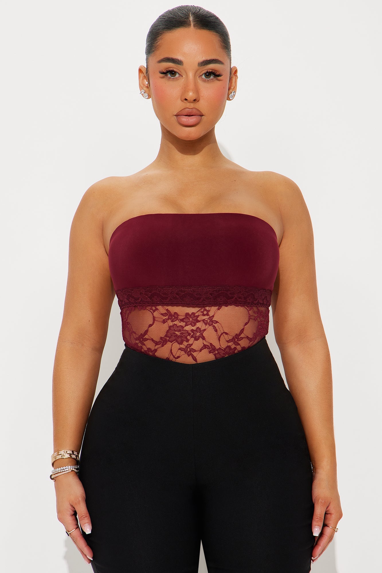 My Passion Strapless Lace Cut Out Bodysuit - Burgundy