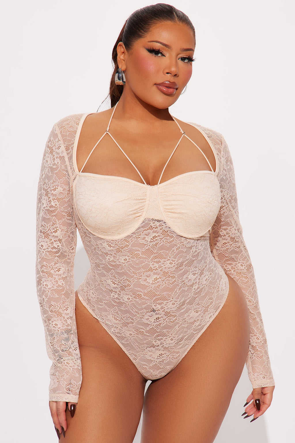 Hannah Sheer Lace Long Sleeve Bodysuit - Nude