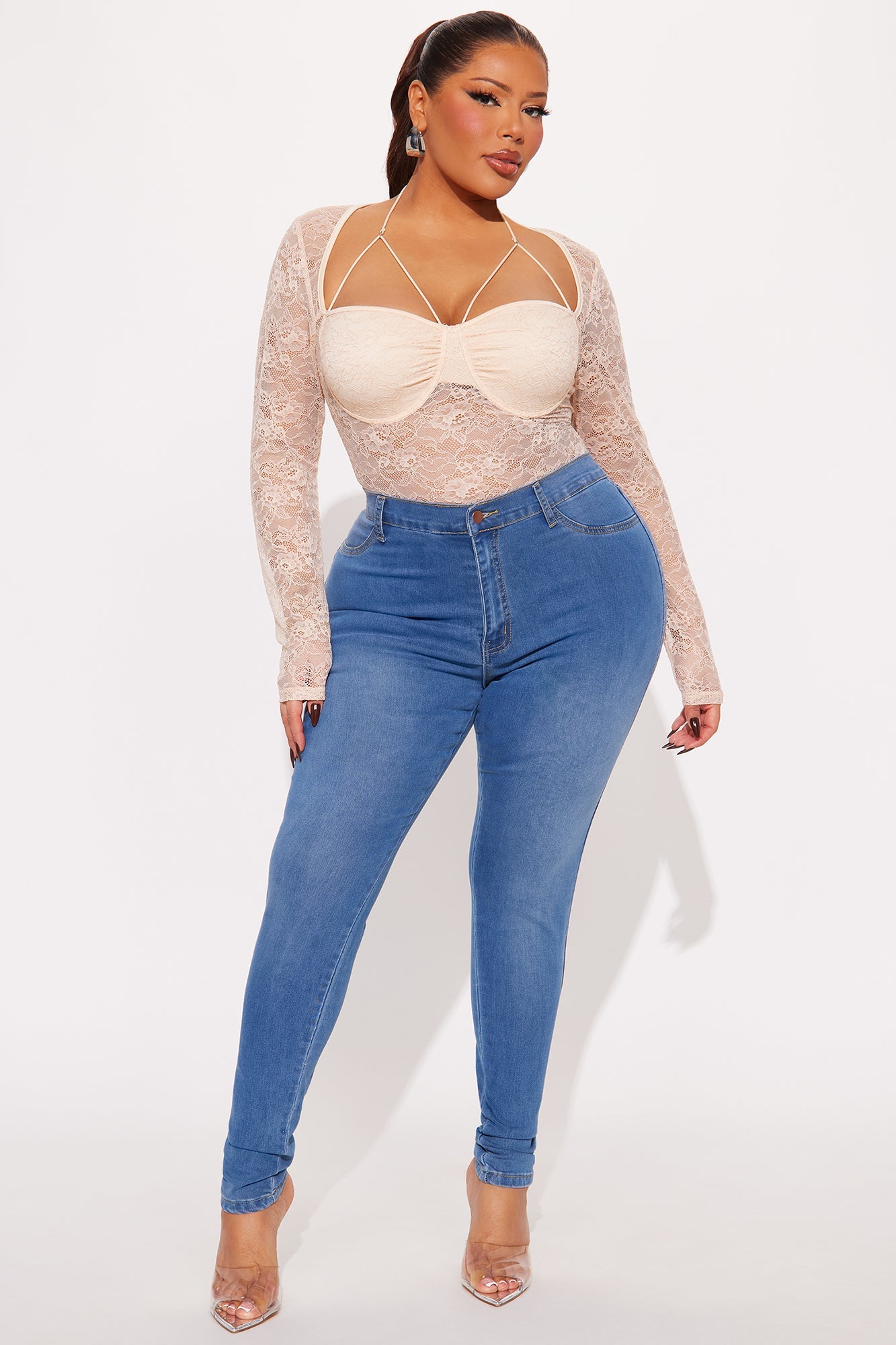 Hannah Sheer Lace Long Sleeve Bodysuit - Nude